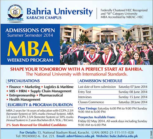 Bahria University Karachi Admissions Open 2014