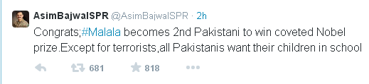 DG (ISPR) Major General Asim Bajwa has congratulated Malala