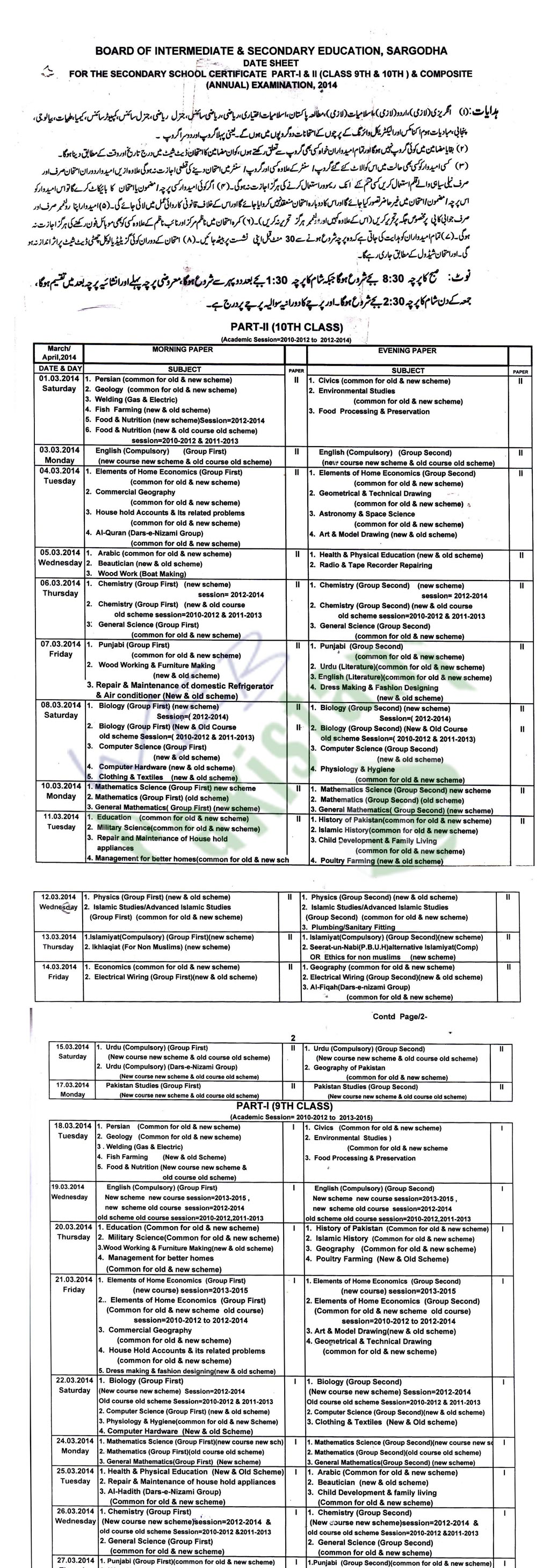 Sargodha-Board-Matric-Date-Sheet-2014